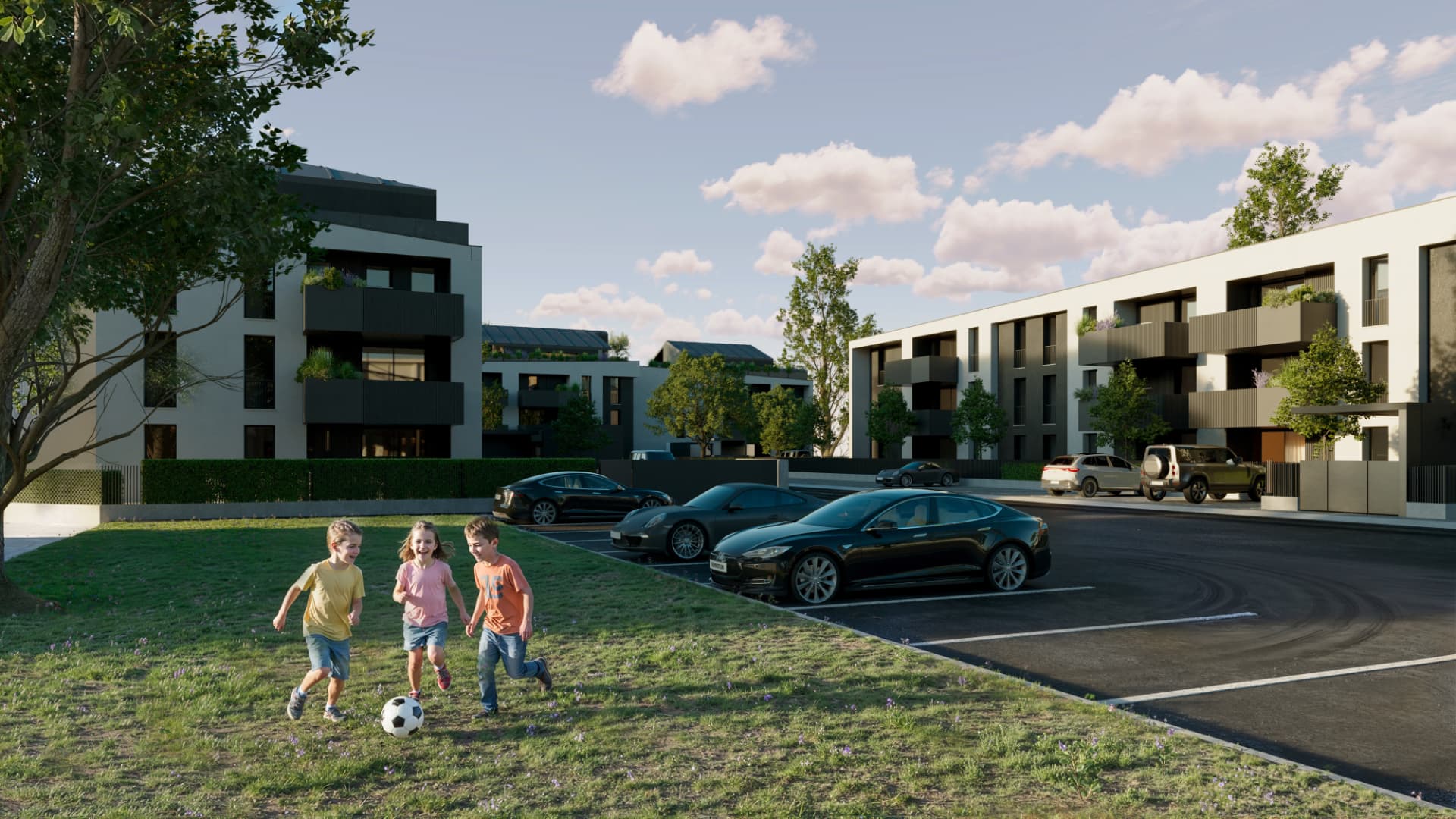 Corte interna con posti auto e area verde del nuovo cantiere residenziale di Oderzo San Vincenzo