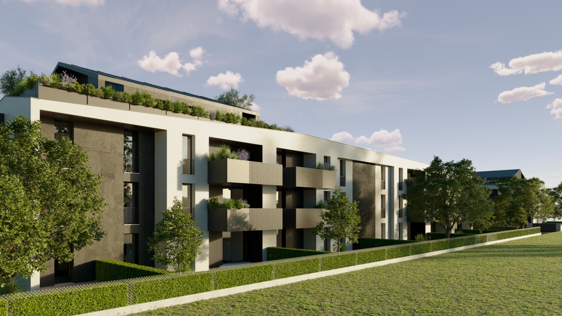 Prospetto del nuovo cantiere residenziale di Oderzo San Vincenzo con logge in legno e verde pensile
